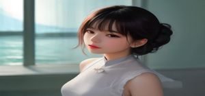湿乐园漫画女主角站在泳池边，水面反光映在脸上，表情神秘带笑，彩色画风